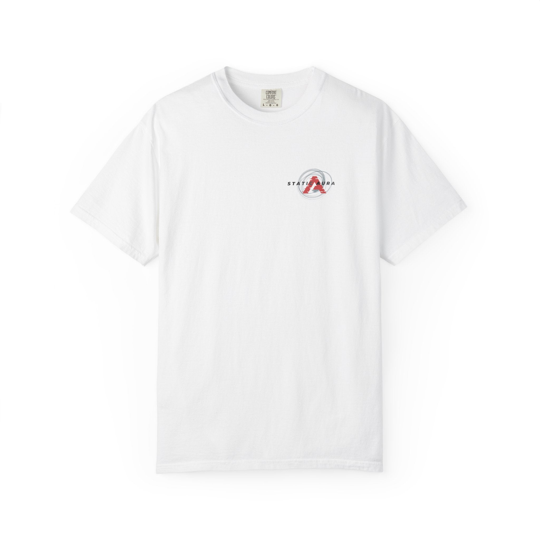 White t-shirt with a small logo on the chest against a white background