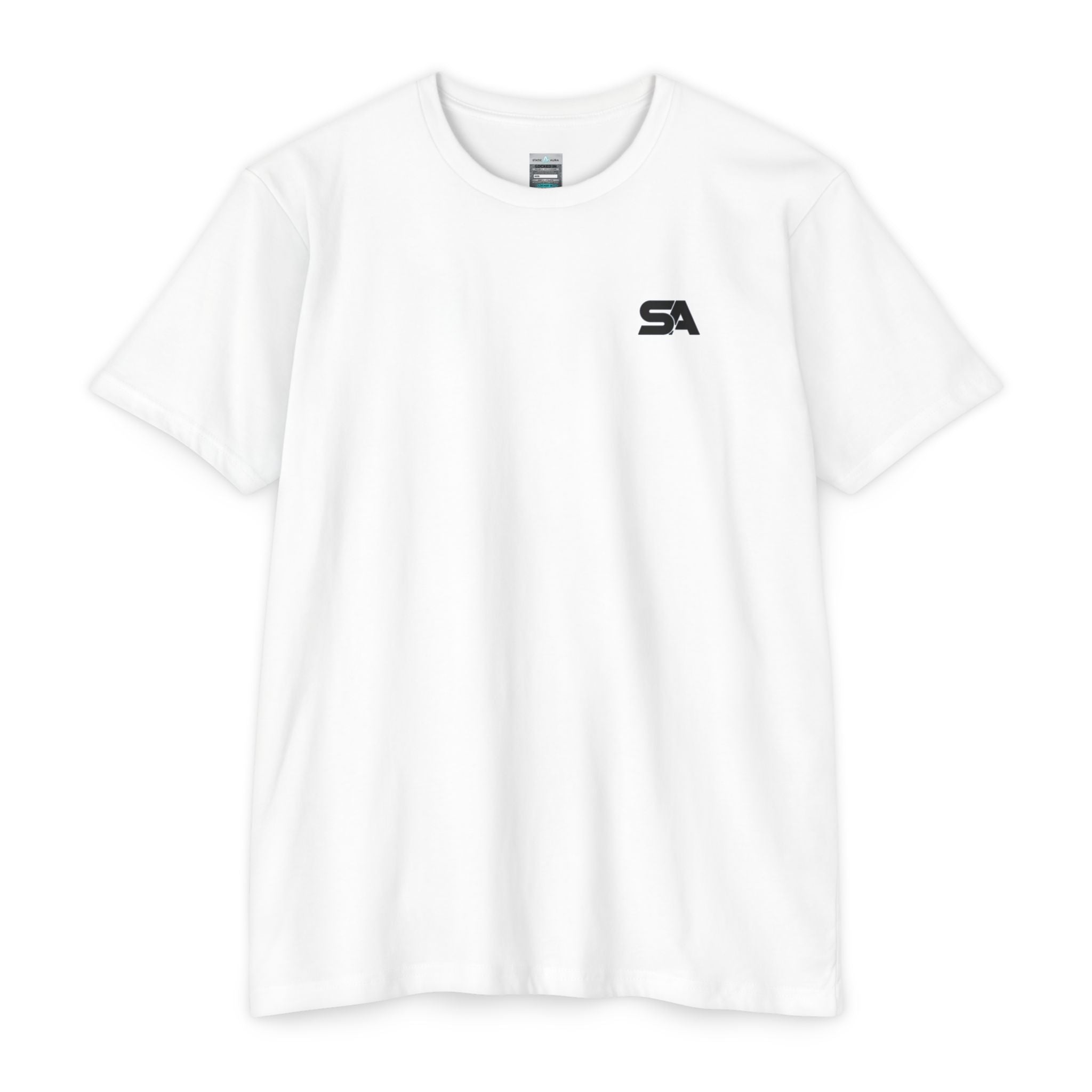 A white short-sleeve crewneck t-shirt with a small black 'SA' logo 