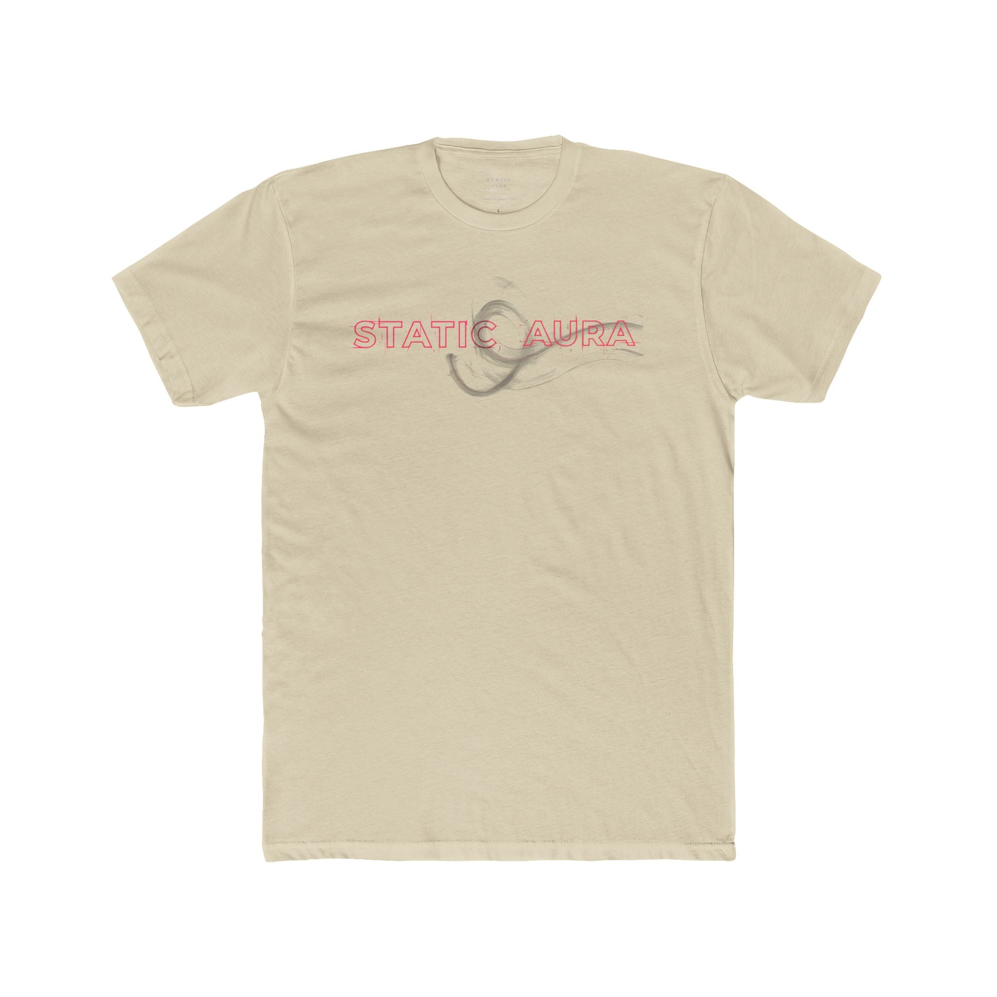 Beige t-shirt with 'Static Aura' logo on a white background