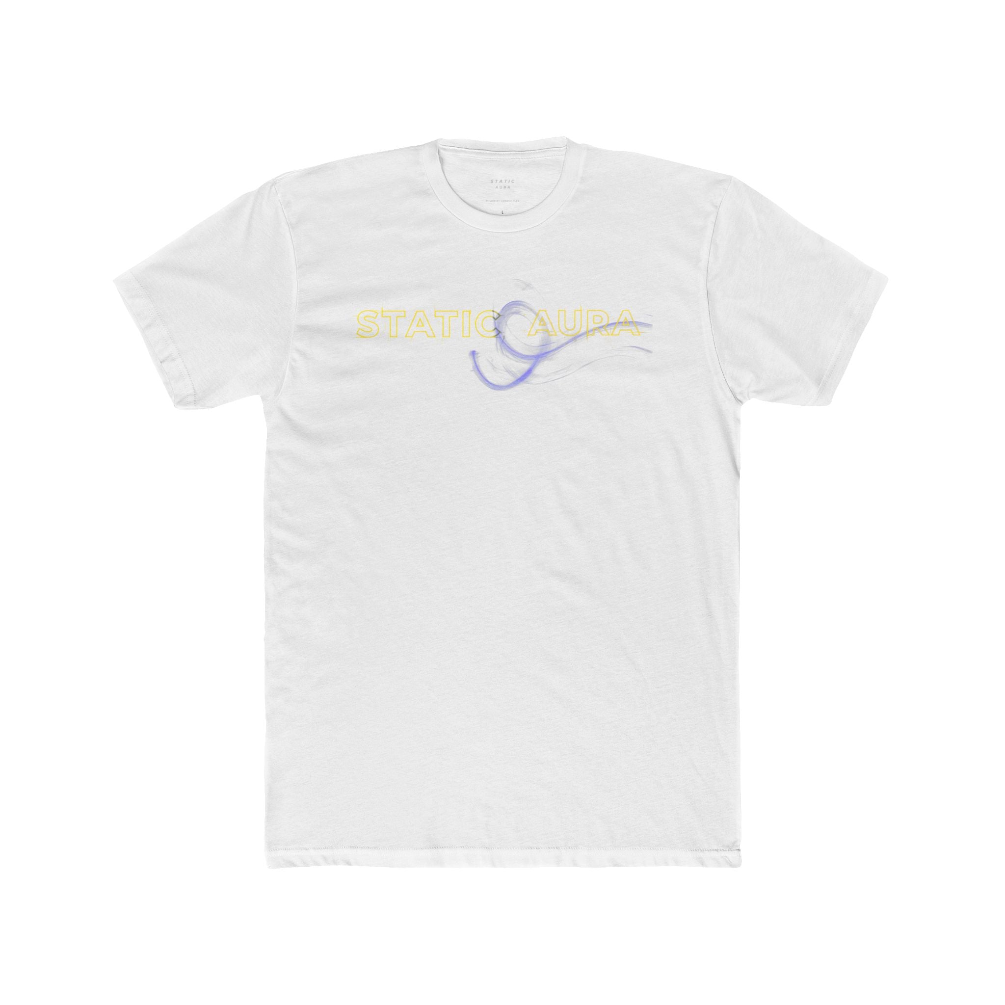 White t-shirt with a logo on the chest against a white background