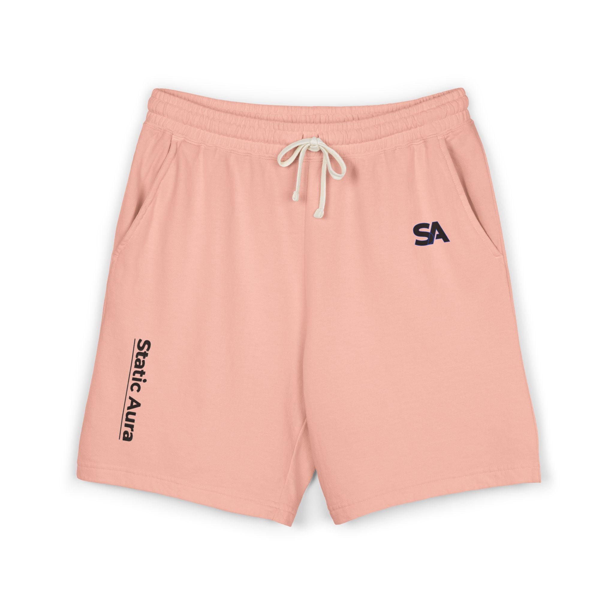 Pink shorts with 'Static Aura' branding on a white background