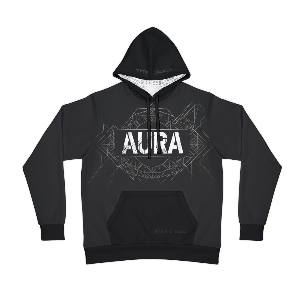 Black hoodie with 'Aura' logo on a white background