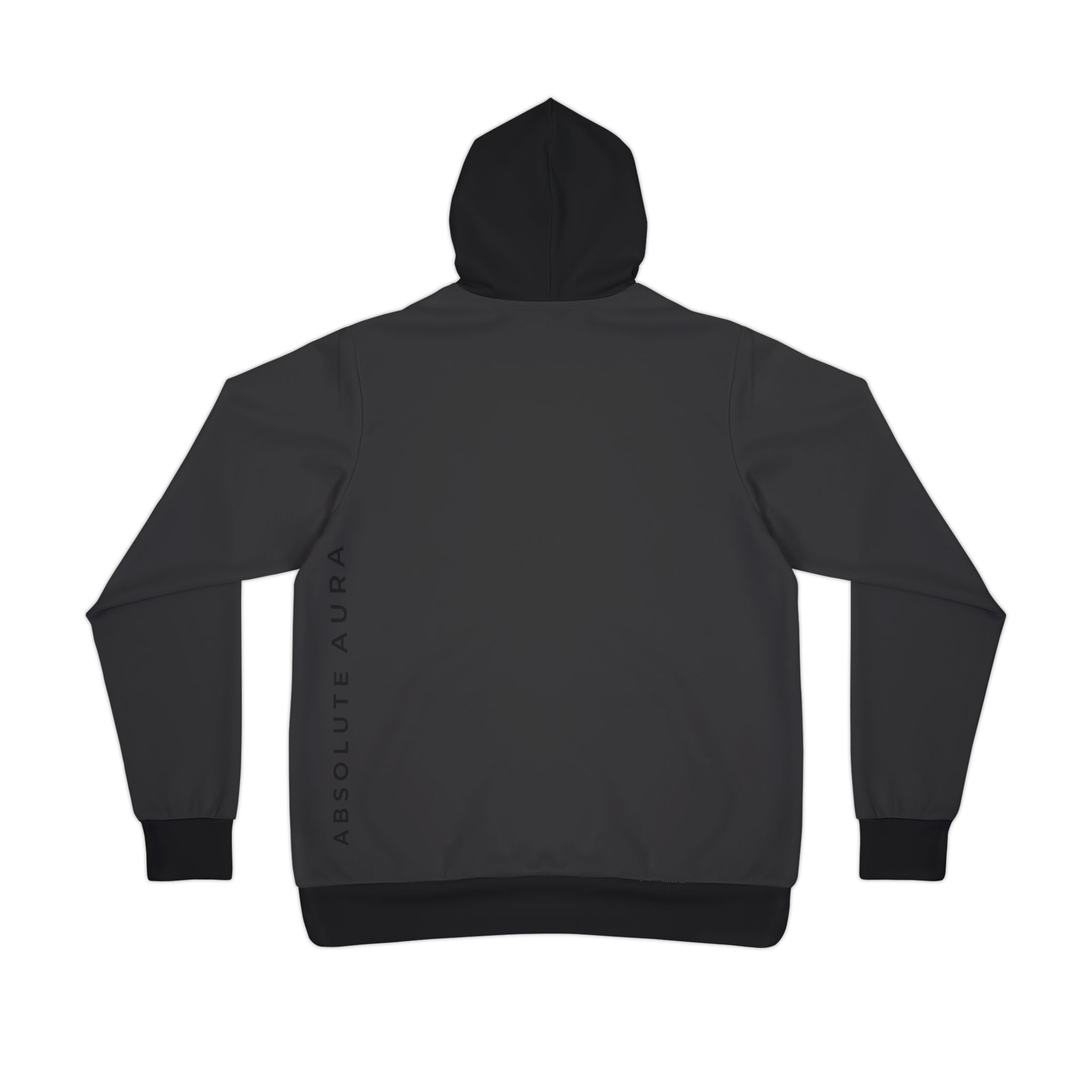 Black hoodie with brand Absolute aura vertical on back
