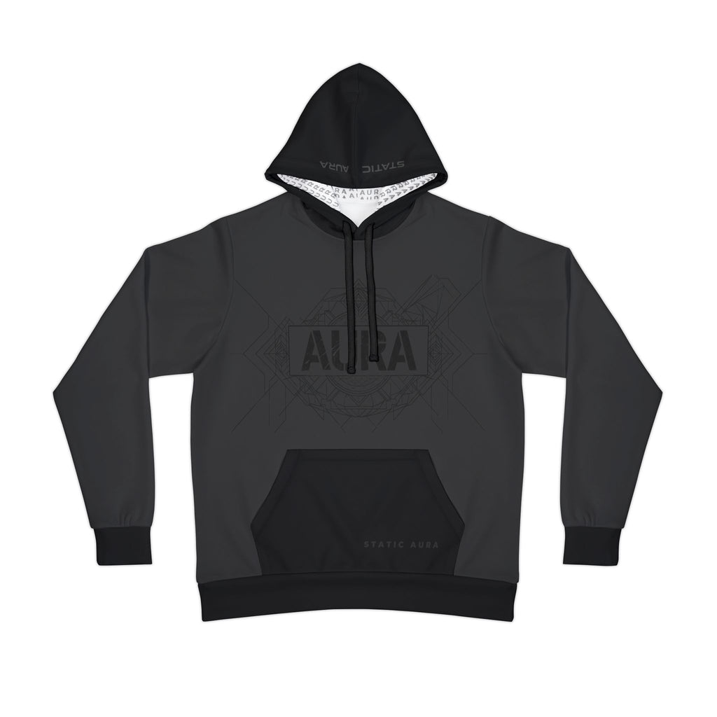 Black hoodie with brand logo on a white background