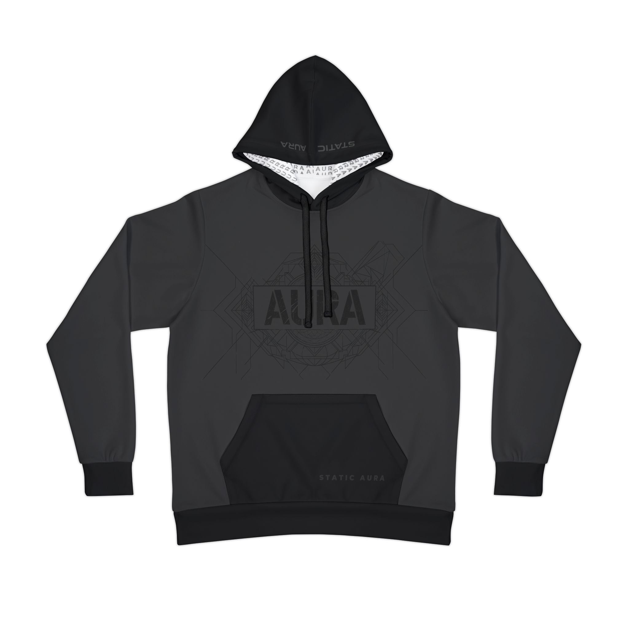 Black hoodie with brand logo on a white background