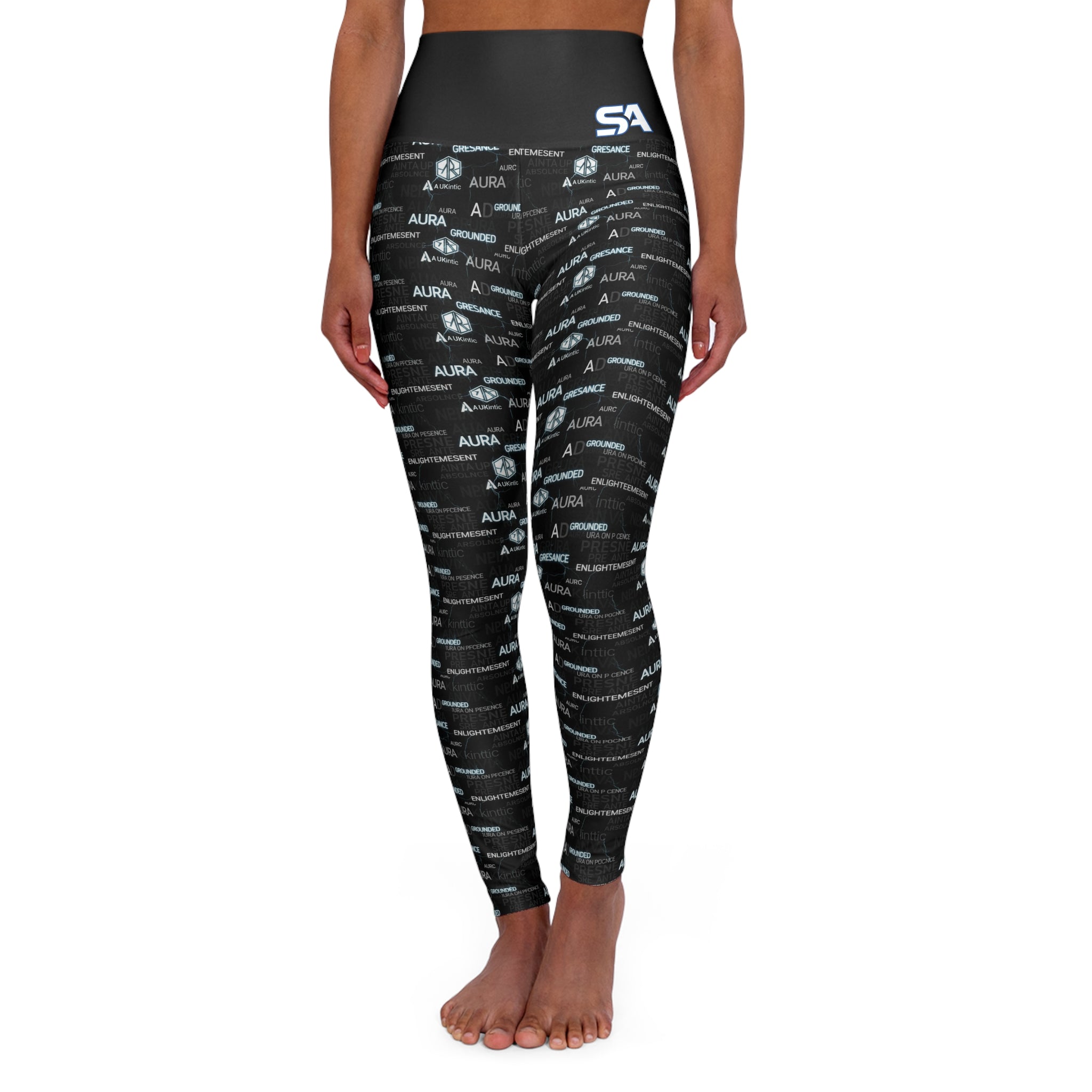 Black leggings with white text and logos on a white background