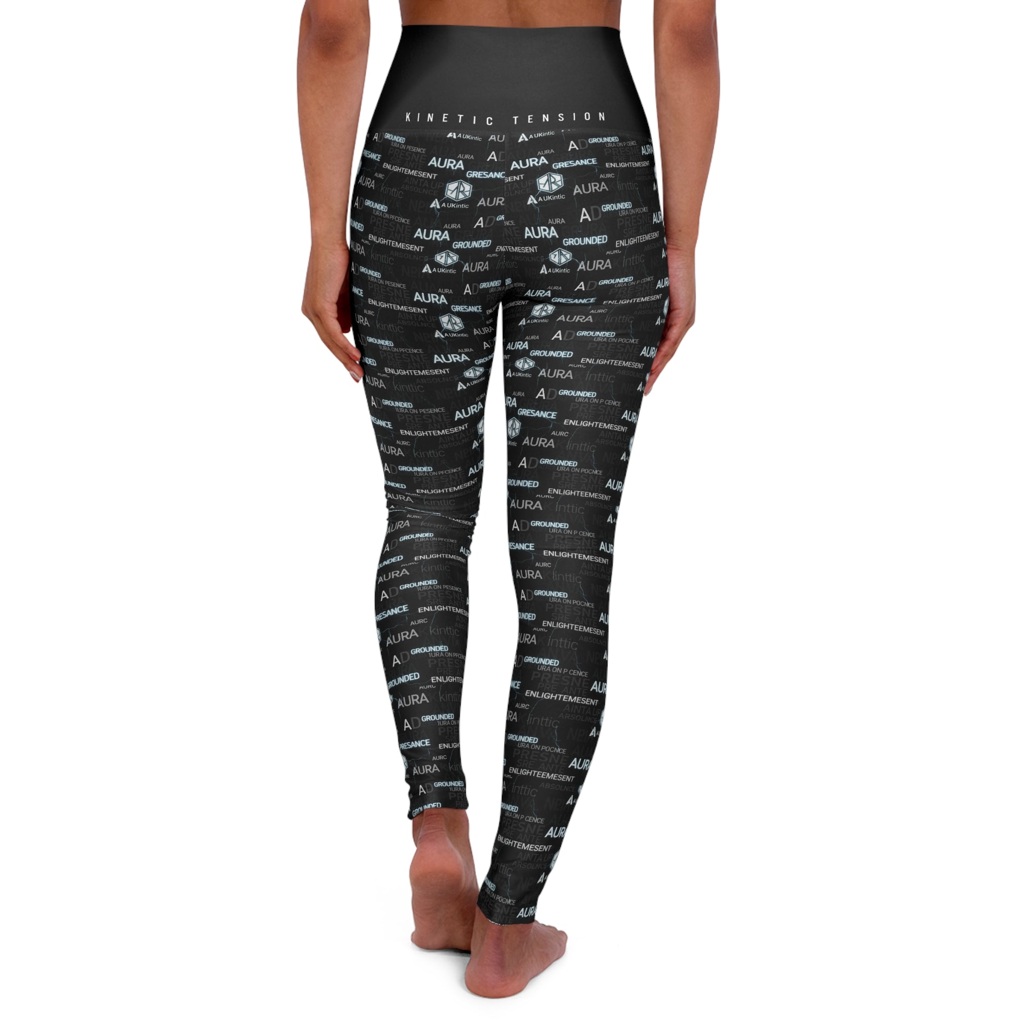 Black leggings with white text pattern worn by a person on a white background