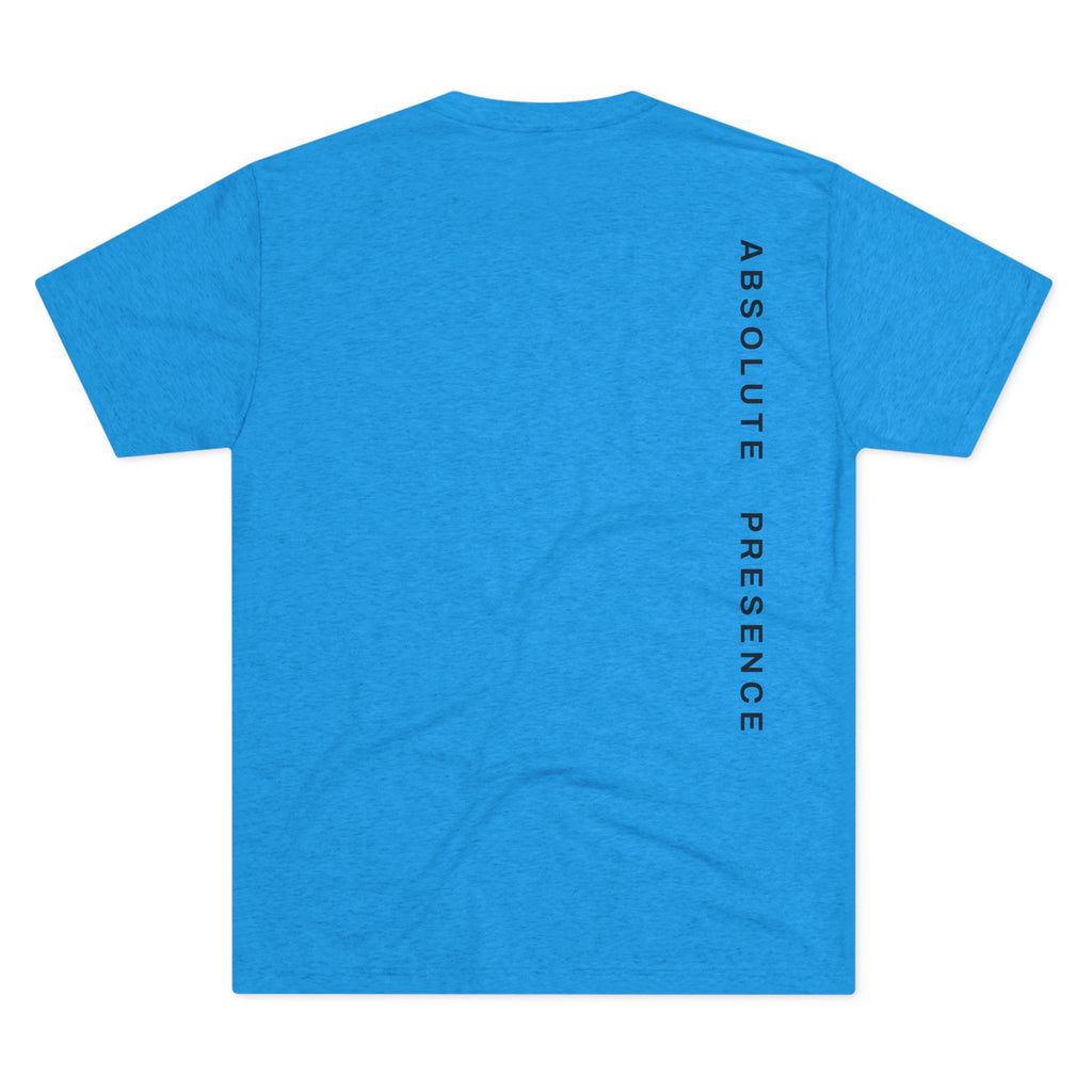 Blue t-shirt with 'Absolute Presence' text on the back against a white background