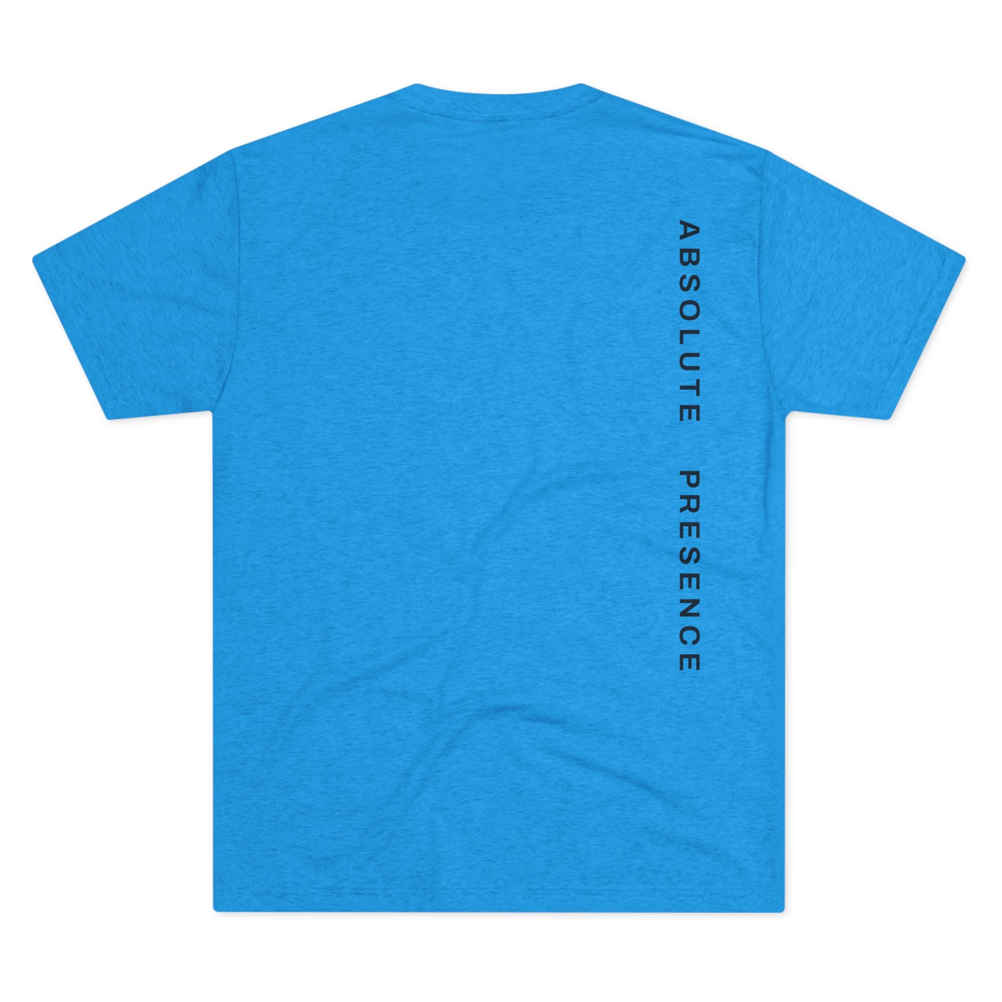 Blue t-shirt with 'Absolute Presence' text on the back against a white background