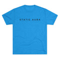 Blue t-shirt with 'STATIC AURA' text on a white background