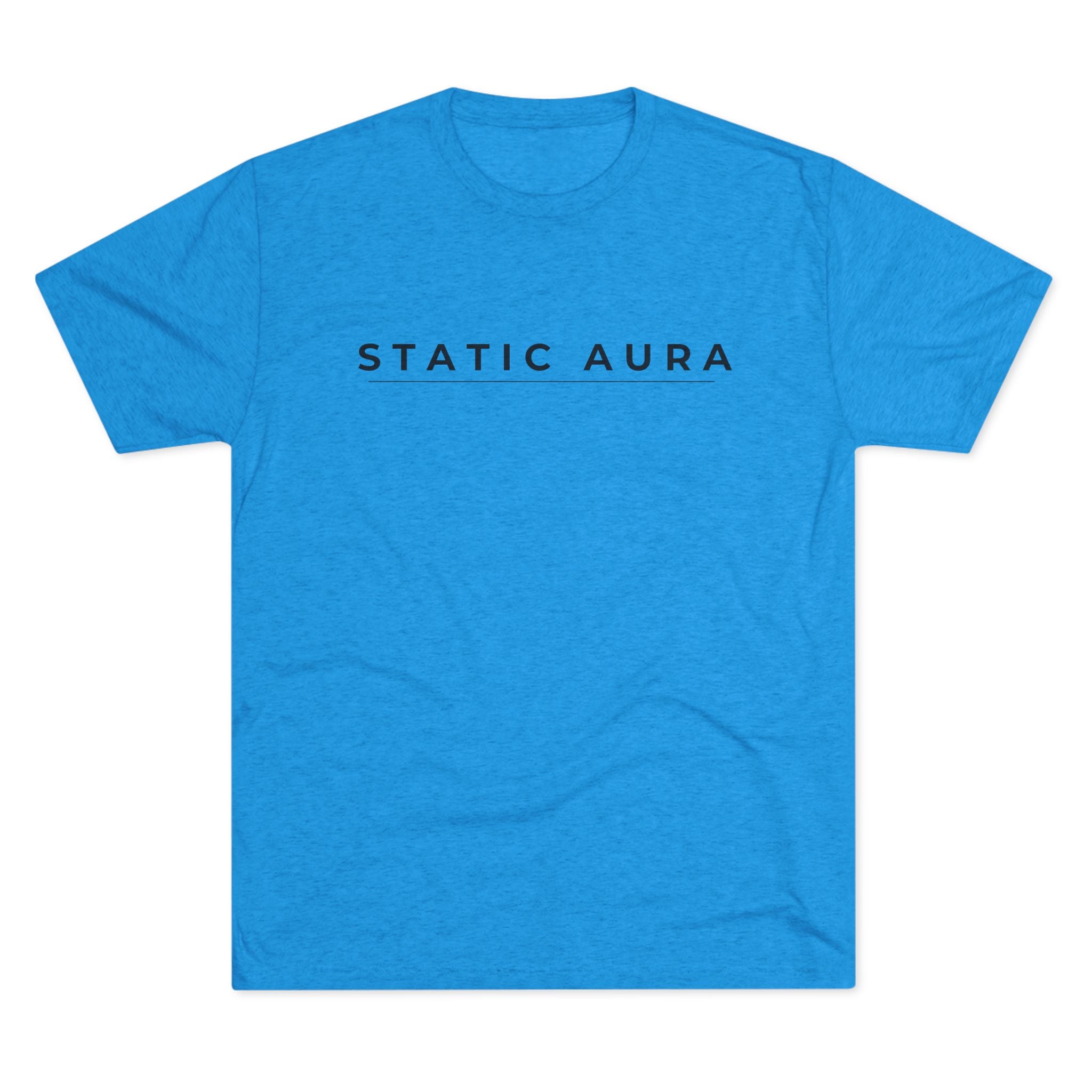 Blue t-shirt with 'STATIC AURA' text on a white background