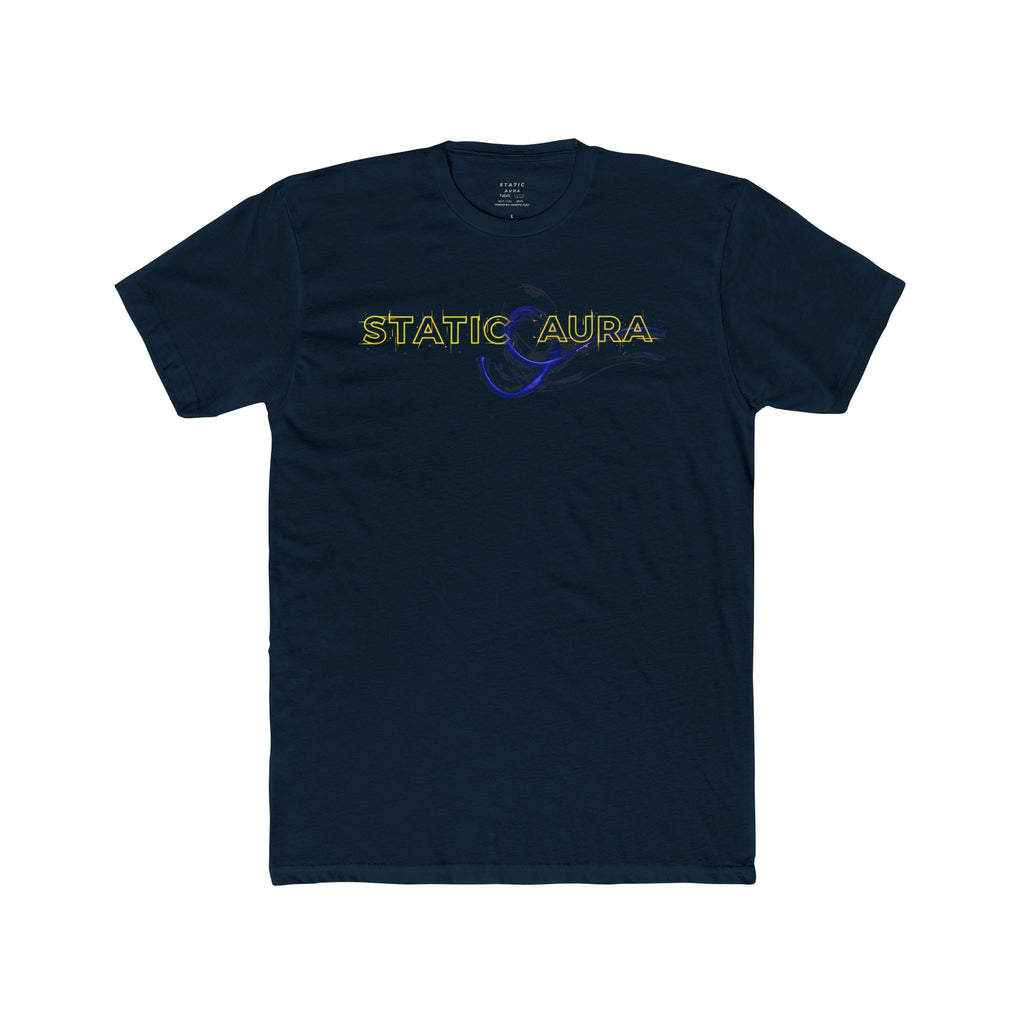 Navy blue t-shirt with 'Static Aura' logo on a white background