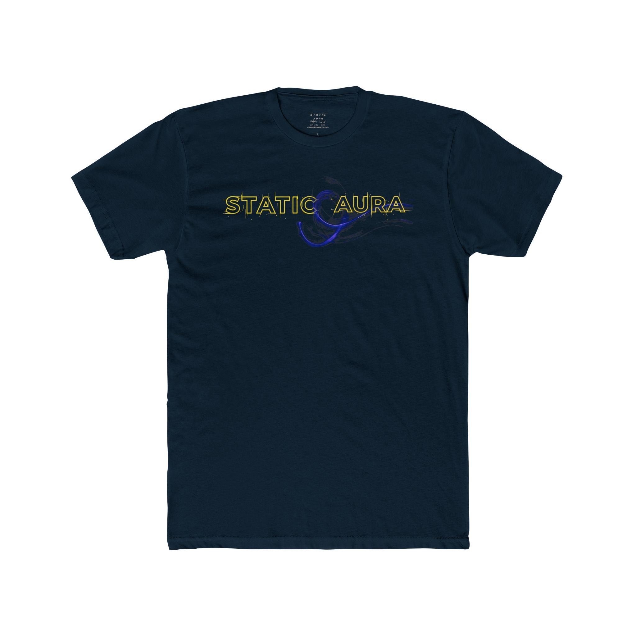 Navy blue t-shirt with 'Static Aura' logo on a white background