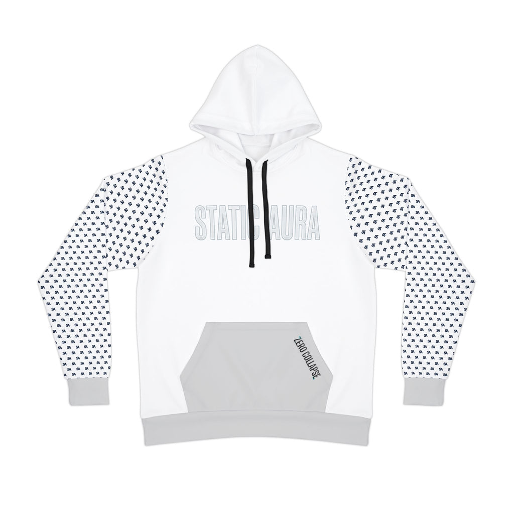 White hoodie with black SA in tiny logos all over the arms  sleeves and visible branding on a white background
