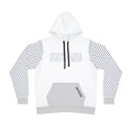White hoodie with black SA in tiny logos all over the arms  sleeves and visible branding on a white background