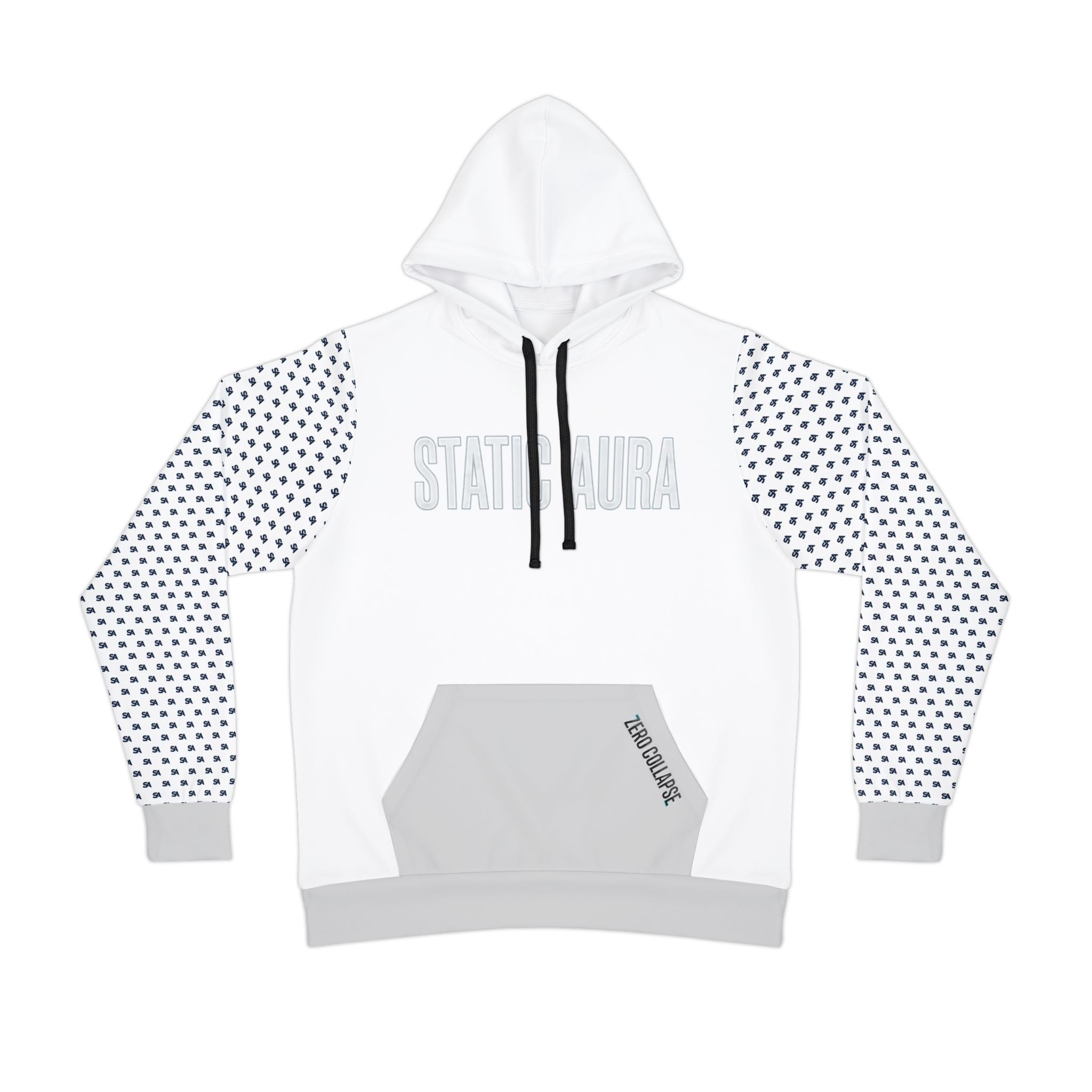 White hoodie with black SA in tiny logos all over the arms  sleeves and visible branding on a white background