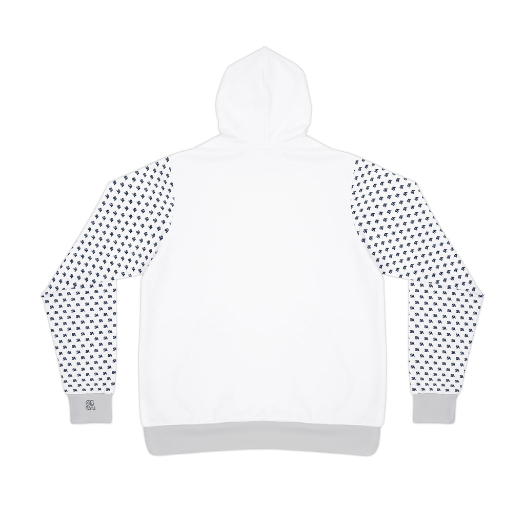 White hoodie with black logo "    SA  logo patterned sleeves 