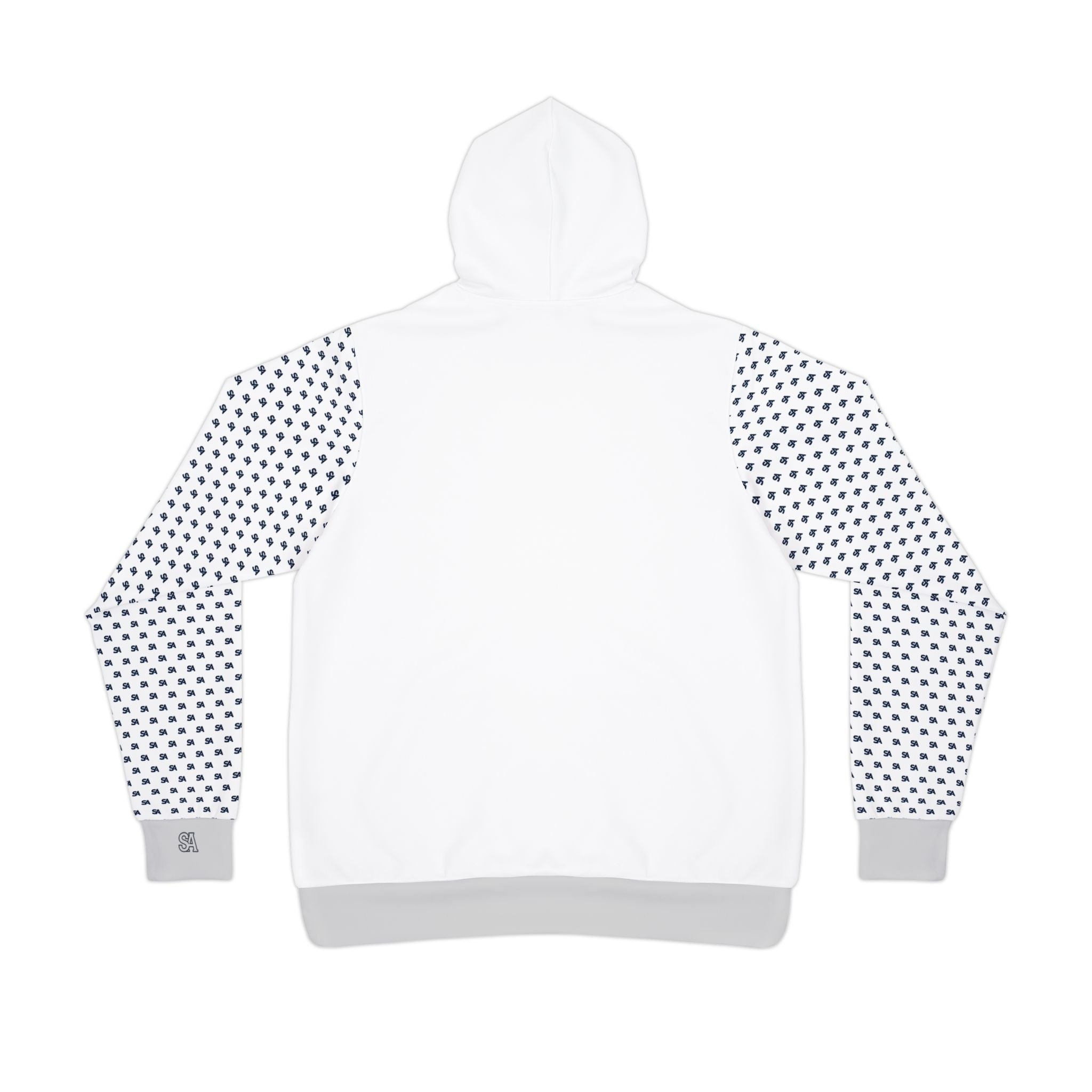 White hoodie with black logo "    SA  logo patterned sleeves 
