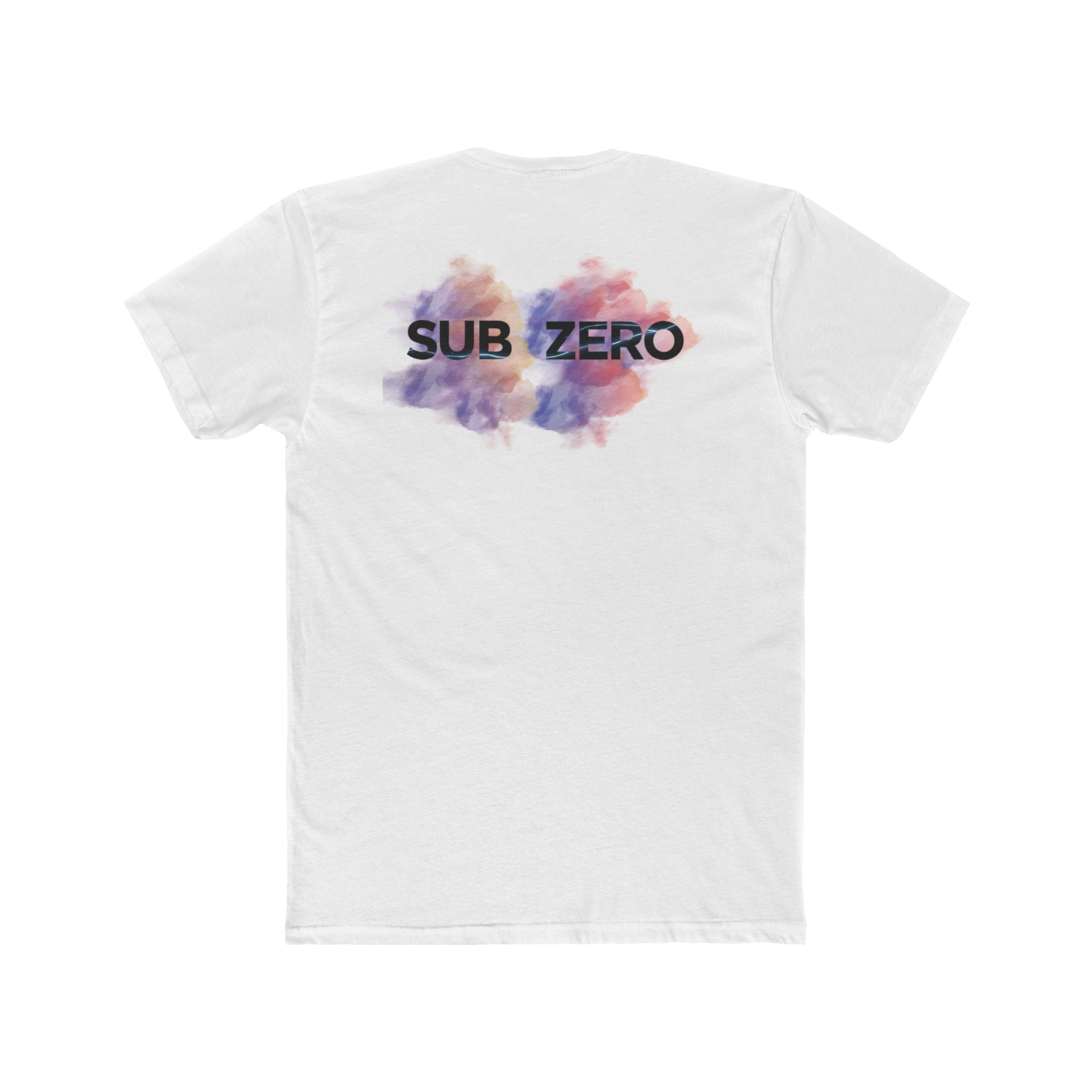 White t-shirt with 'SUB ZERO' design on a white background